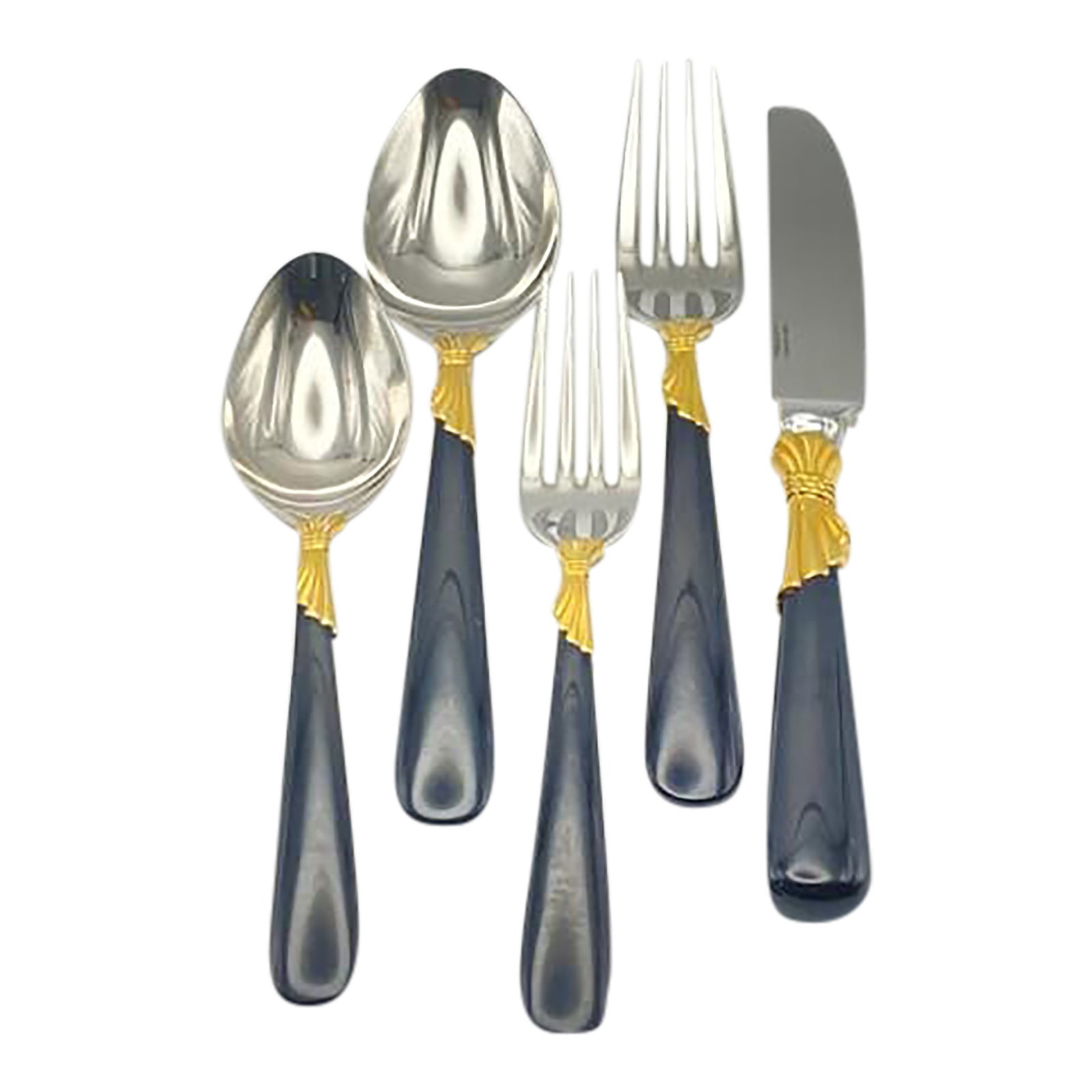 Service for 15 - Yamazaki "Lindi" Black Handle Gold Accent 75-Pieces: 15 Place Settings With Individ: Amazing Estate Sale Find! Vintage luxury flatware from Yamazaki (Japan) in the beautiful Lindi pattern. Purchased from Neiman Marcus with service for FIFTEEN. Each 5-piece setting (dinner knife, dinne
