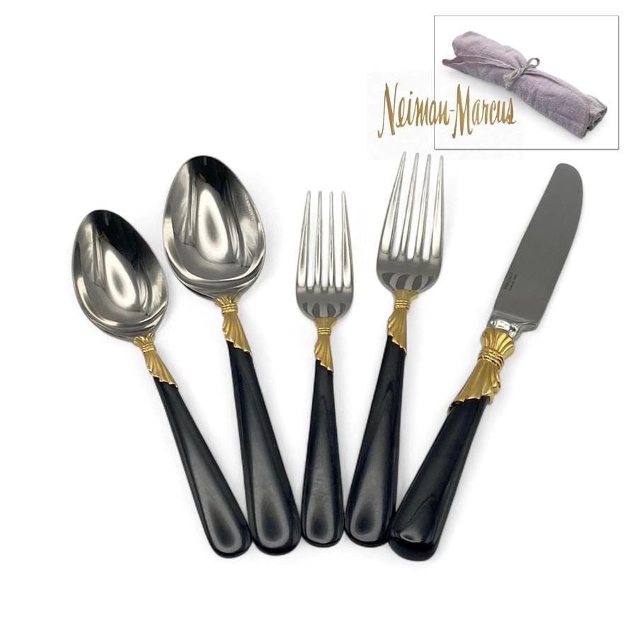 Service for 15 - Yamazaki "Lindi" Black Handle Gold Accent 75-Pieces: 15 Place Settings With Individ - 2