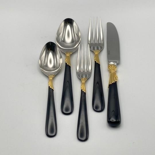 Service for 15 - Yamazaki "Lindi" Black Handle Gold Accent 75-Pieces: 15 Place Settings With Individ - 4