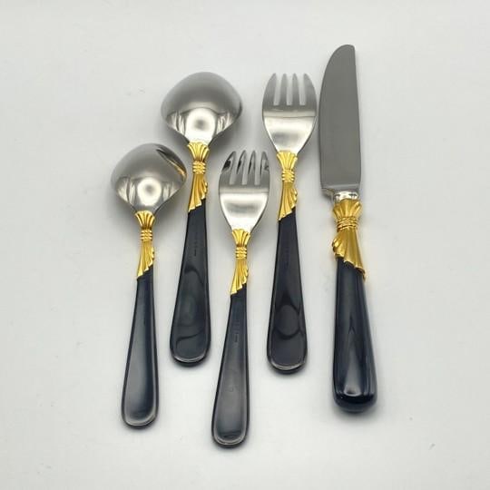 Service for 15 - Yamazaki "Lindi" Black Handle Gold Accent 75-Pieces: 15 Place Settings With Individ - 6