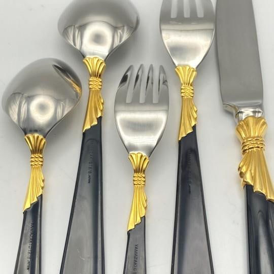 Service for 15 - Yamazaki "Lindi" Black Handle Gold Accent 75-Pieces: 15 Place Settings With Individ - 8
