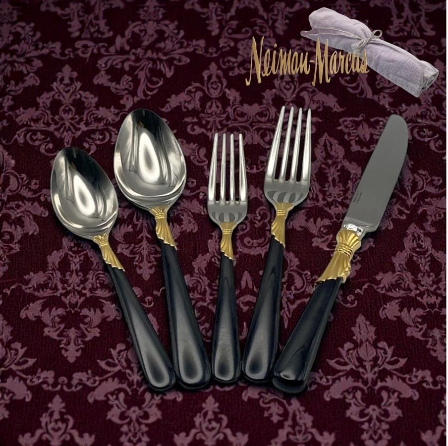 Service for 15 - Yamazaki "Lindi" Black Handle Gold Accent 75-Pieces: 15 Place Settings With Individ - 9