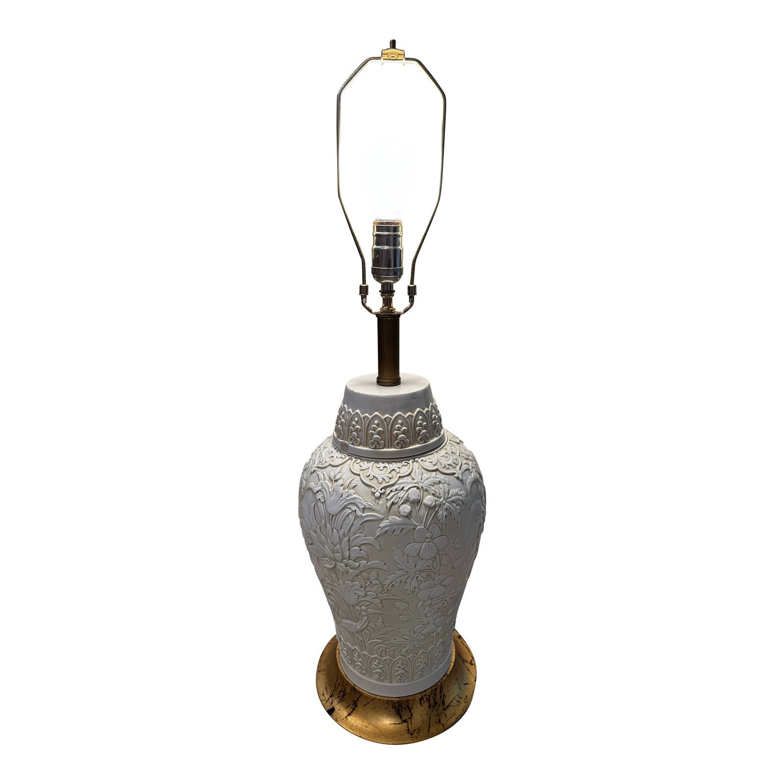 1970s Chapman Chinoiserie Floral & Bird Ginger Jar Table Vintage Gold and Cream Porcelain Lamp - Dat: Rare dated 1973 Chapman Manufacturing Company Chinoiserie ginger-jar table lamp in classic cream blanc-de-Chine with raised floral and bird relief decoration. This is the iconic model, produced from a