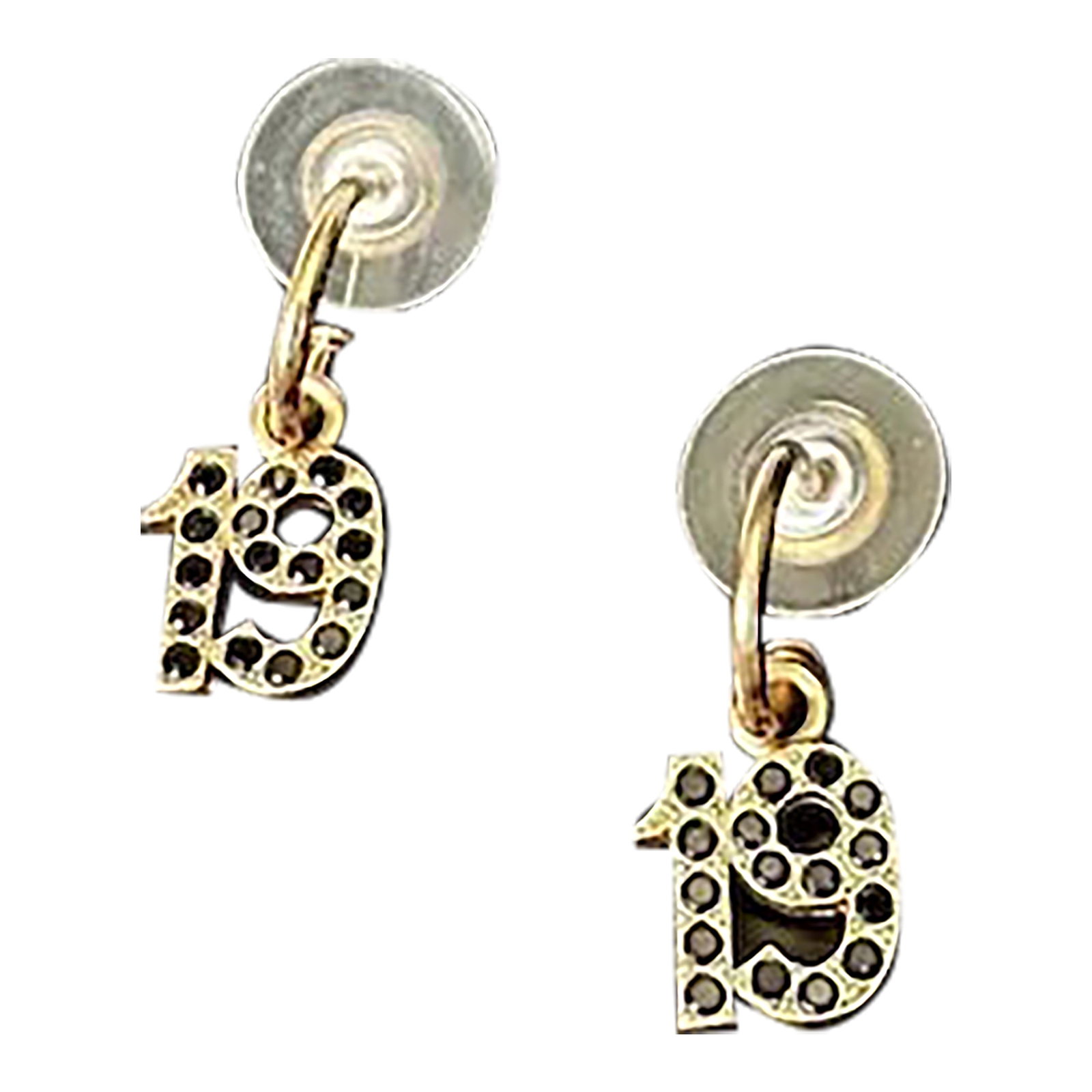 Late 20th Century Chanel Earrings, A Pair: Chanel earrings with original box. Feature the number 19 (Coco's birthday, August 19!) Gold tone hoops with a 19 outlined in black crystals. Original backs. Measure 1". These earrings will arrive in