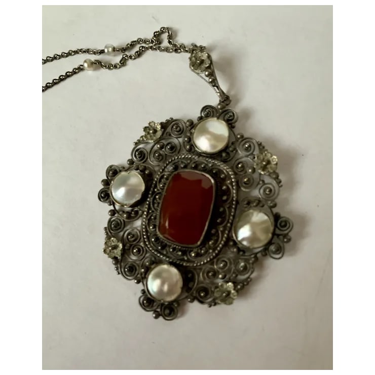 Late 19th Century Victorian Carnelian Sterling Mabe Pearl Necklace - 6