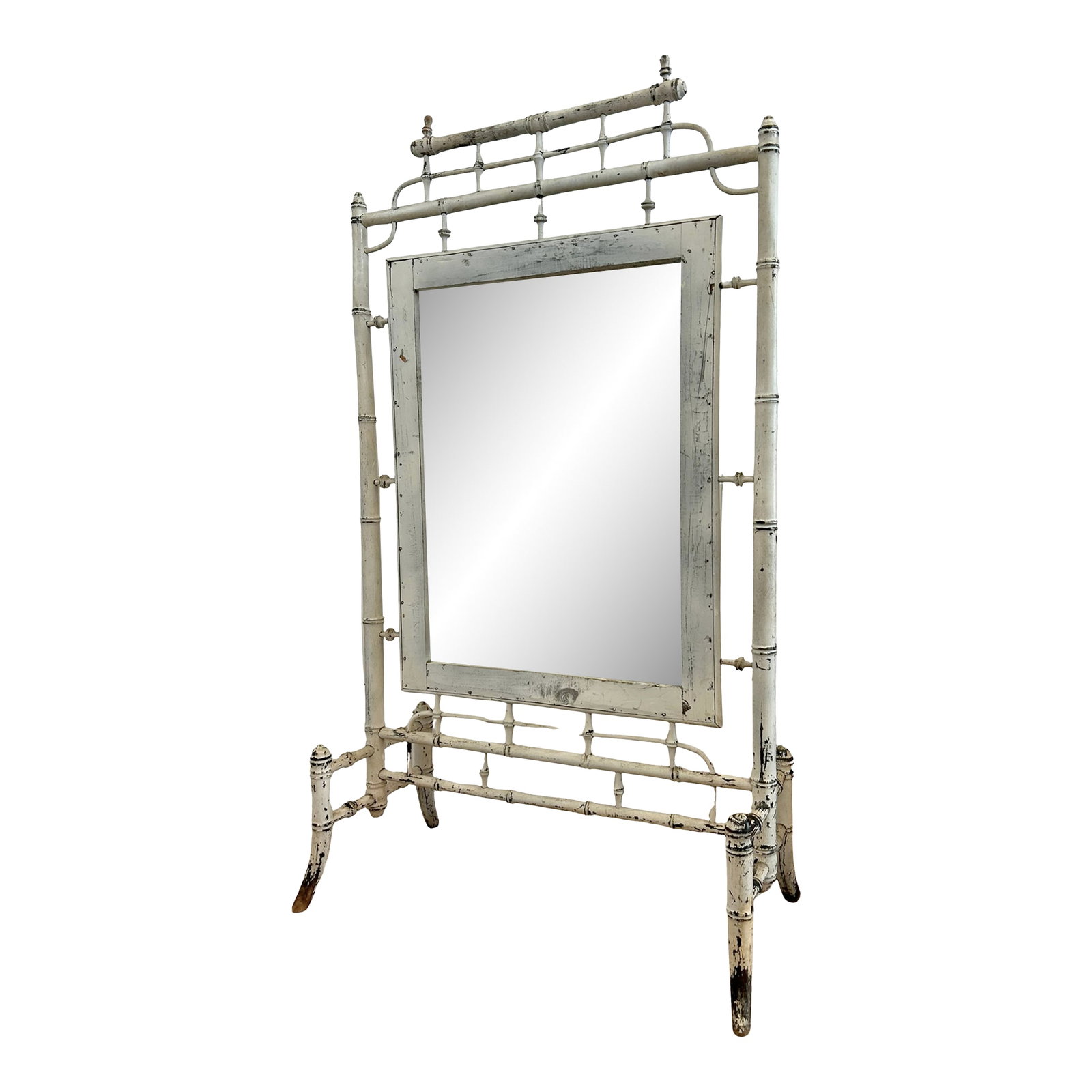 Antique French Faux Bamboo Mirror: Antique faux bamboo fire screen, French, circa 1880. Original frame with painted finish and turned bamboo-style detailing. The center panel has been fitted with a mirror. Condition: Alterations: Origi