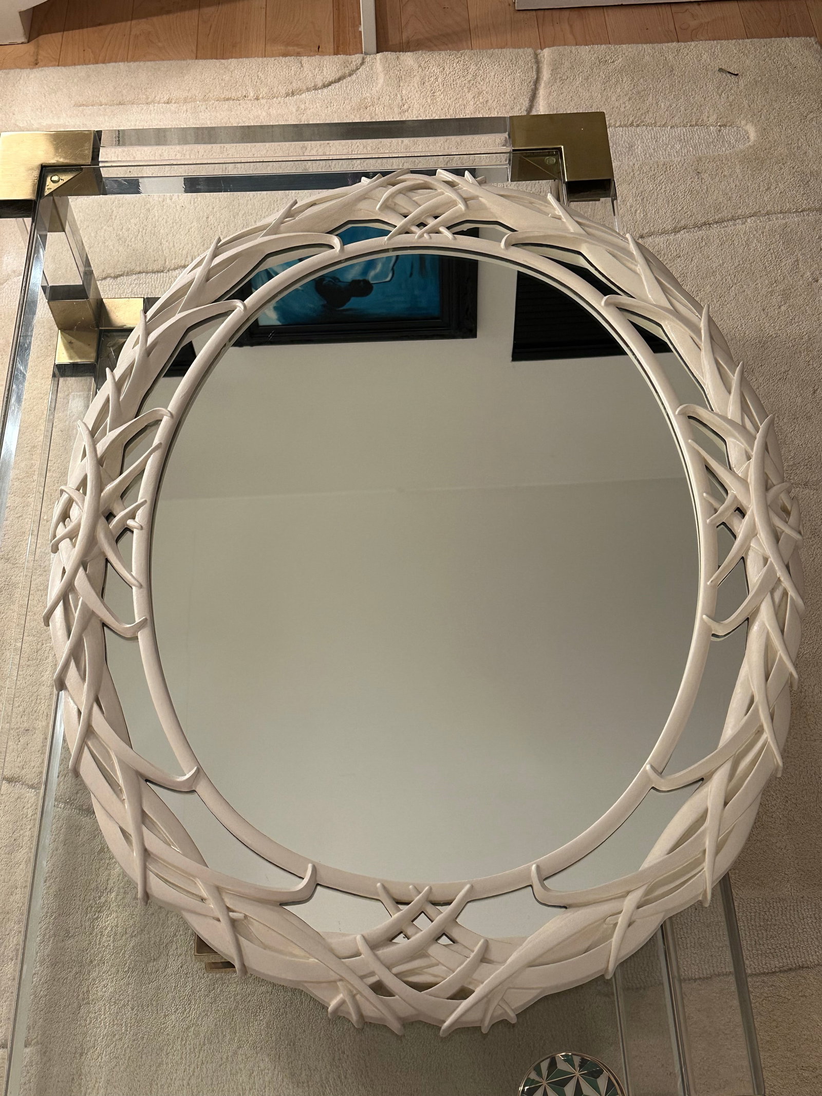 Vintage Carolina Mirror Co "Palm Frond" Oval Wall Mirror, Ivory Resin, 39" * 30" (C. 1980s) - 11