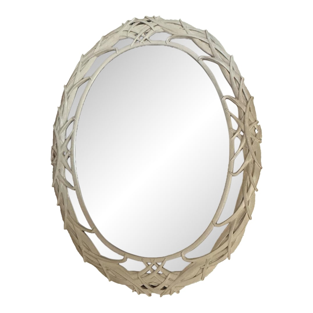 Vintage Carolina Mirror Co "Palm Frond" Oval Wall Mirror, Ivory Resin, 39" * 30" (C. 1980s): Beautifully detailed vintage "Palm Frond" oval wall mirror, from Carolina Mirror Company of North Carolina - one of the premier American mirror makers of the late 20th century. The intricate