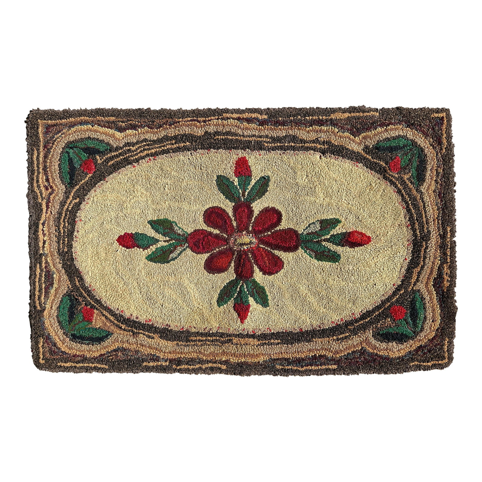 Vintage Hand-Hooked Floral Folk Art Rug Textile: Vintage Hand-Hooked Floral Rug A charming vintage hand-hooked rug featuring a central floral medallion in deep red with green leaves, set against a warm cream ground. The design is framed by a