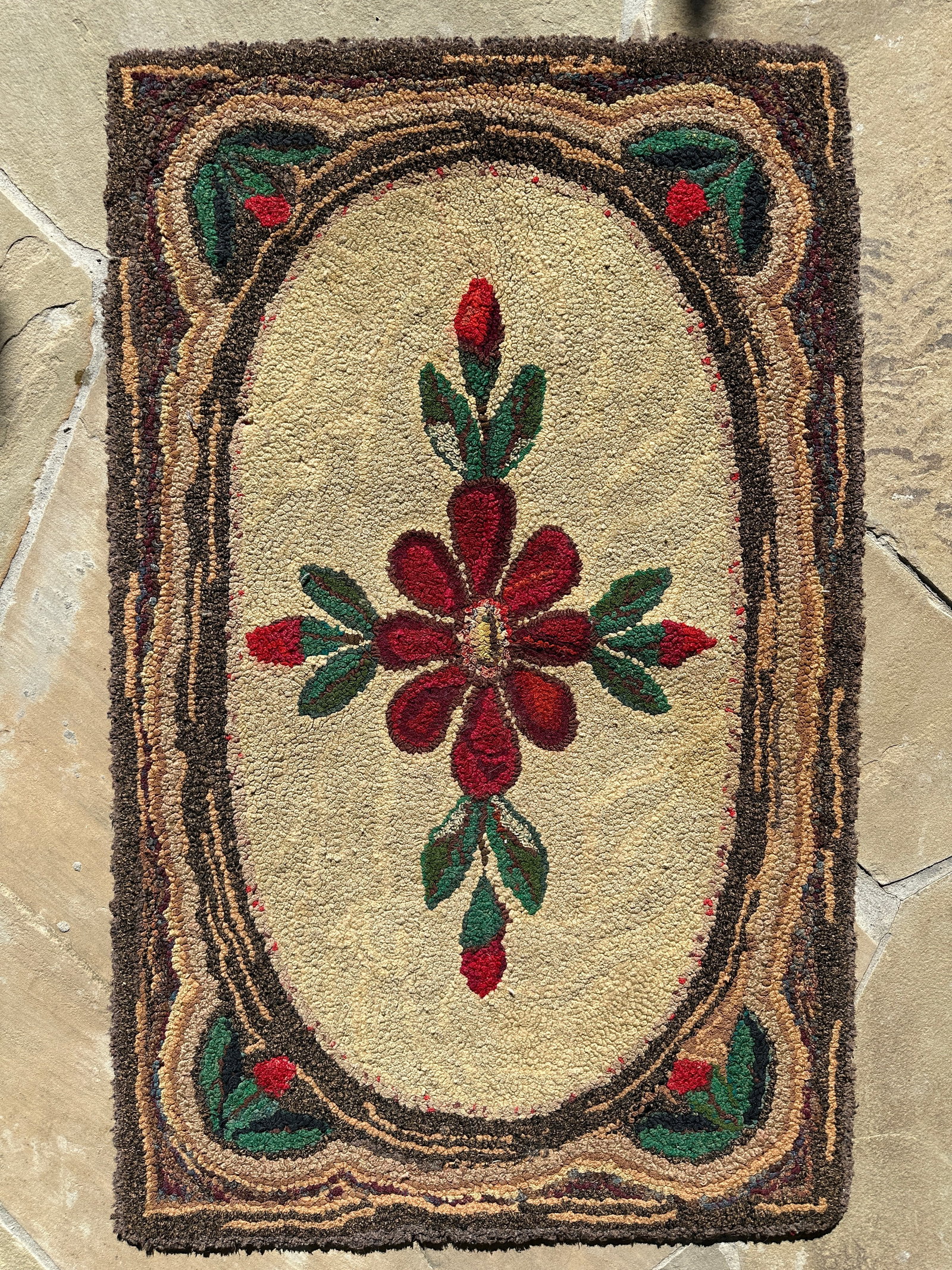 Vintage Hand-Hooked Floral Folk Art Rug Textile - 3