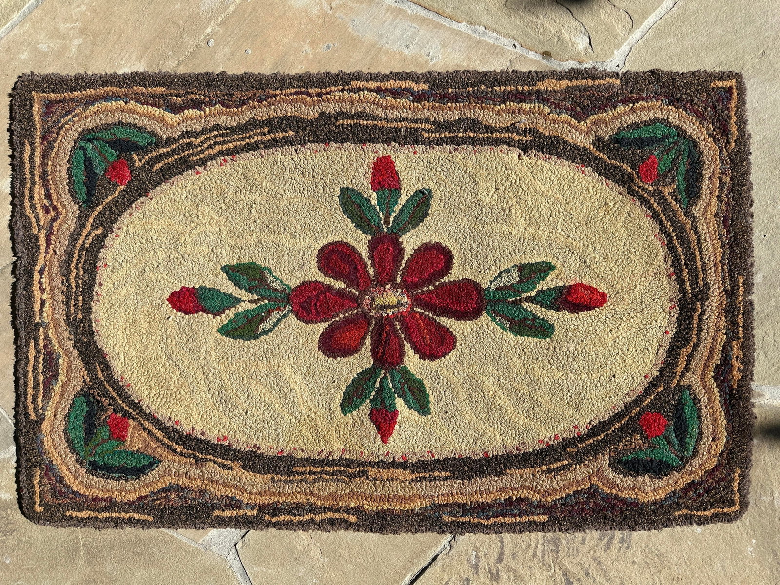 Vintage Hand-Hooked Floral Folk Art Rug Textile - 6