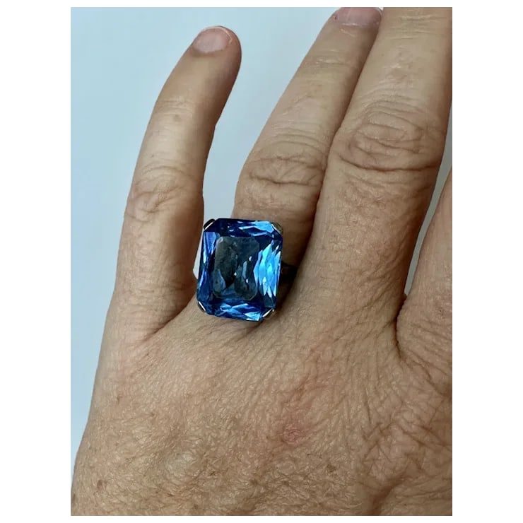 Mid 20th Century French Sterling Blue Faceted Stone Ring, Size 6.5 - 11