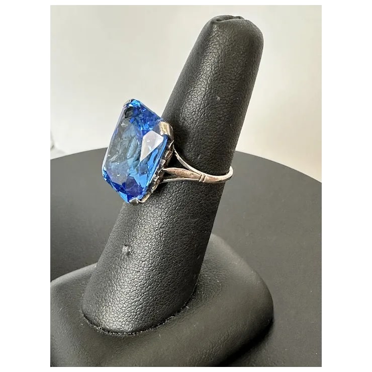 Mid 20th Century French Sterling Blue Faceted Stone Ring, Size 6.5 - 5