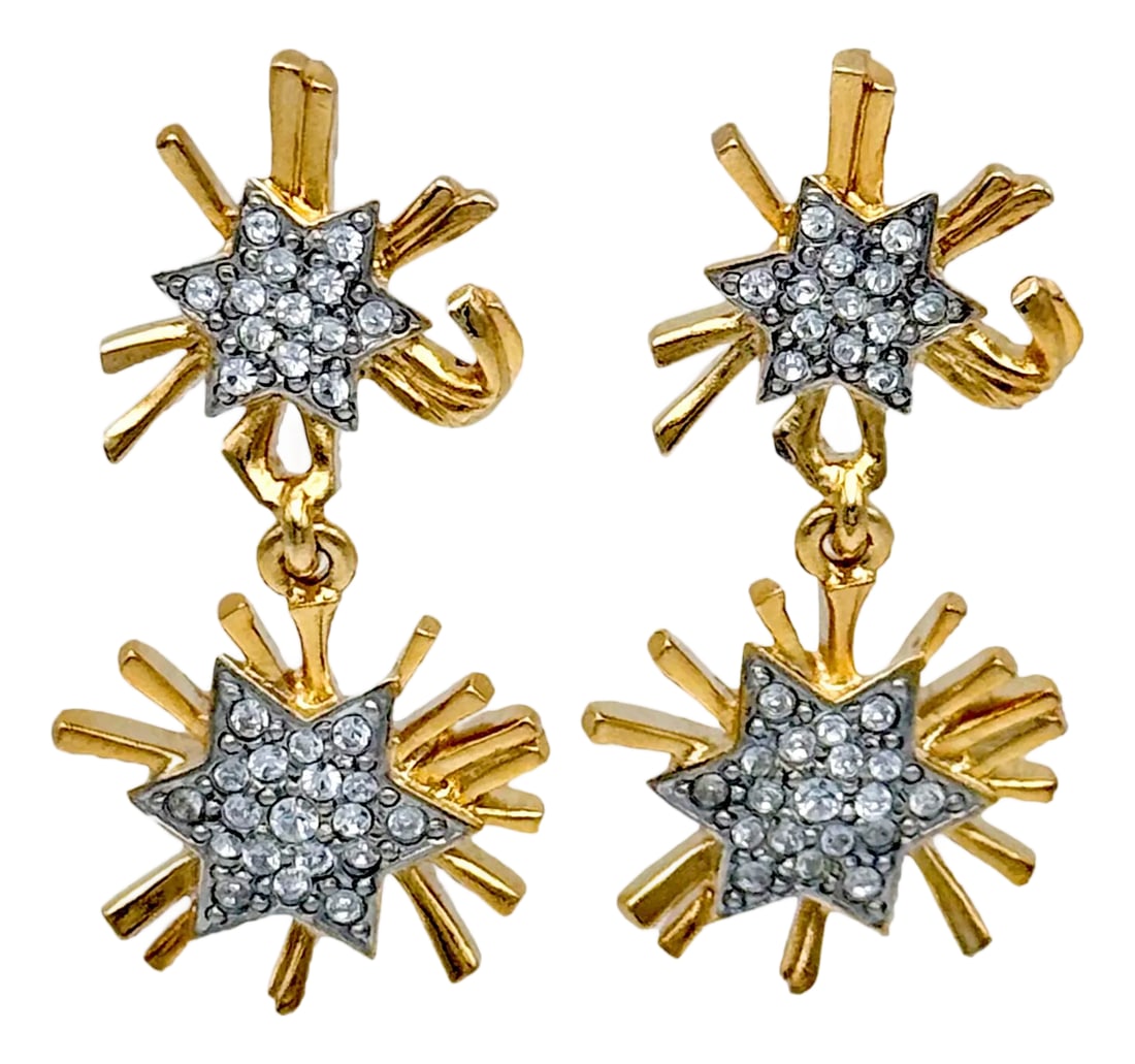 Kenneth Jay Lane Designer Gold Swarovski Crystal Starburst Drop Post Earrings, A Pair (1 of 11)