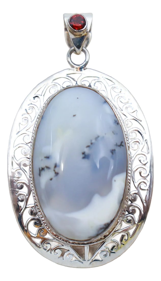 Vintage Dendritic Agate & Garnet With Sterling Silver Detailng: Lovely dendritic agate and red garnet gemstones set in a beautiful sterling silver intricate display. The agate gemstone has unique variations with captivating colors and character. Dendrite agate is 
