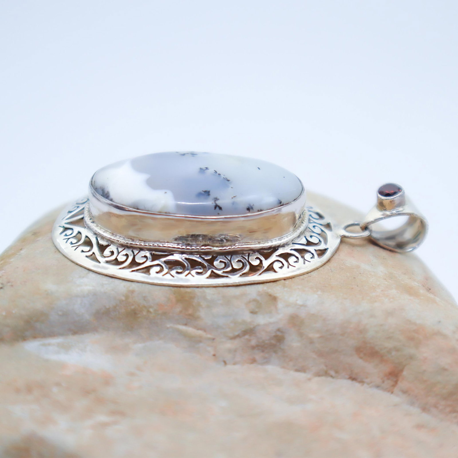 Vintage Dendritic Agate & Garnet With Sterling Silver Detailng - 5