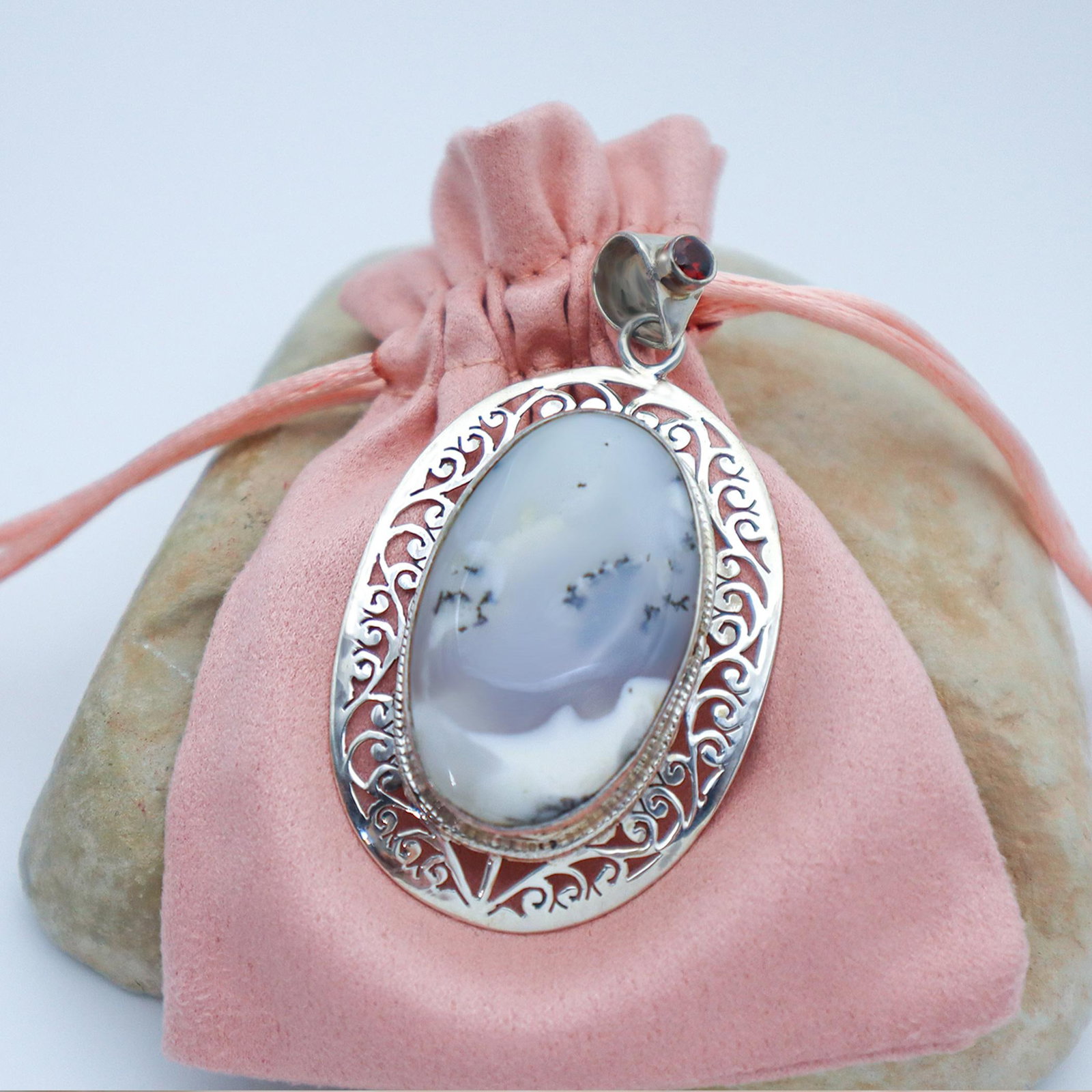 Vintage Dendritic Agate & Garnet With Sterling Silver Detailng - 7