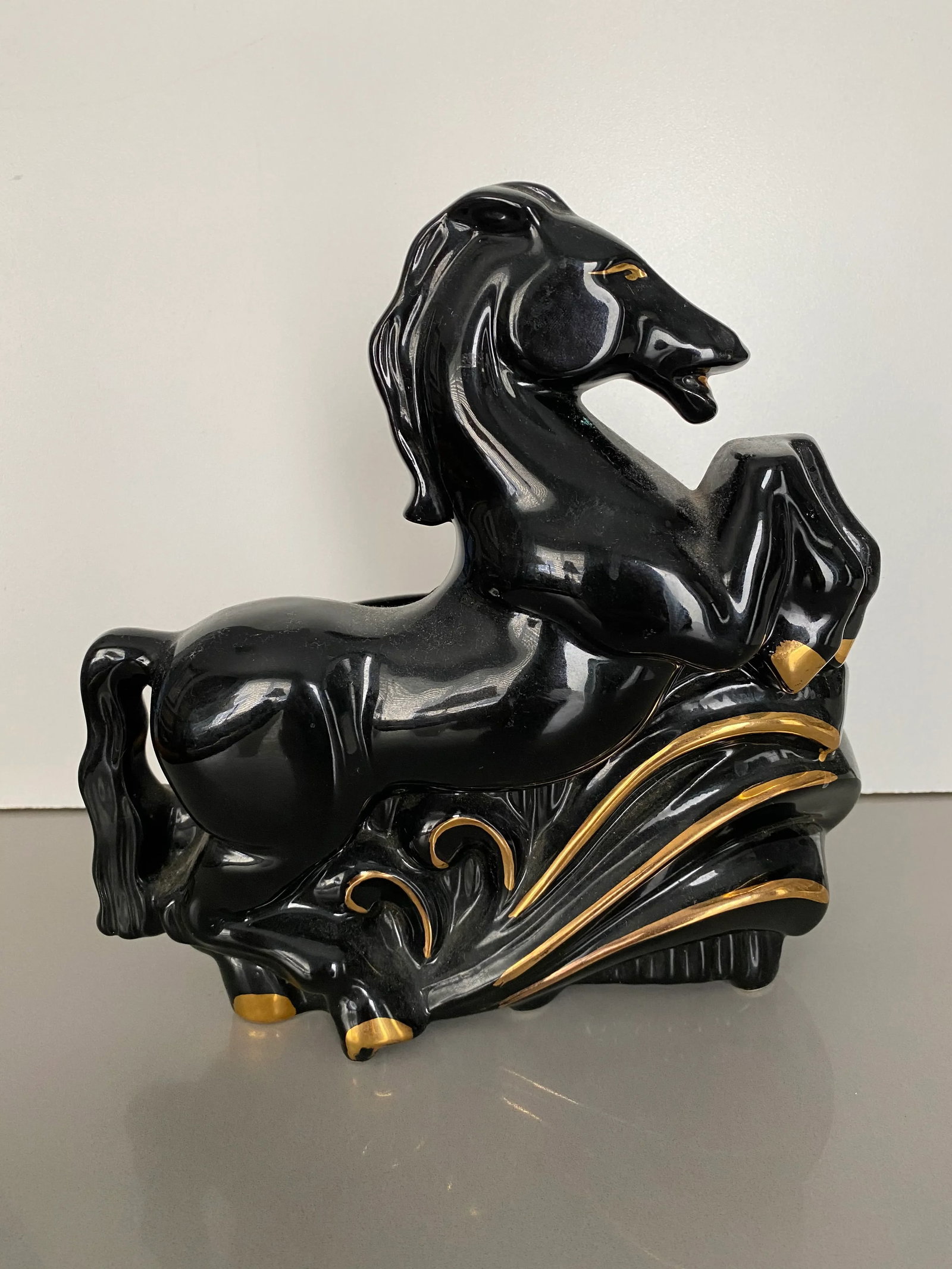1950s Black and Gold Ceramic Horse Lamp - 11