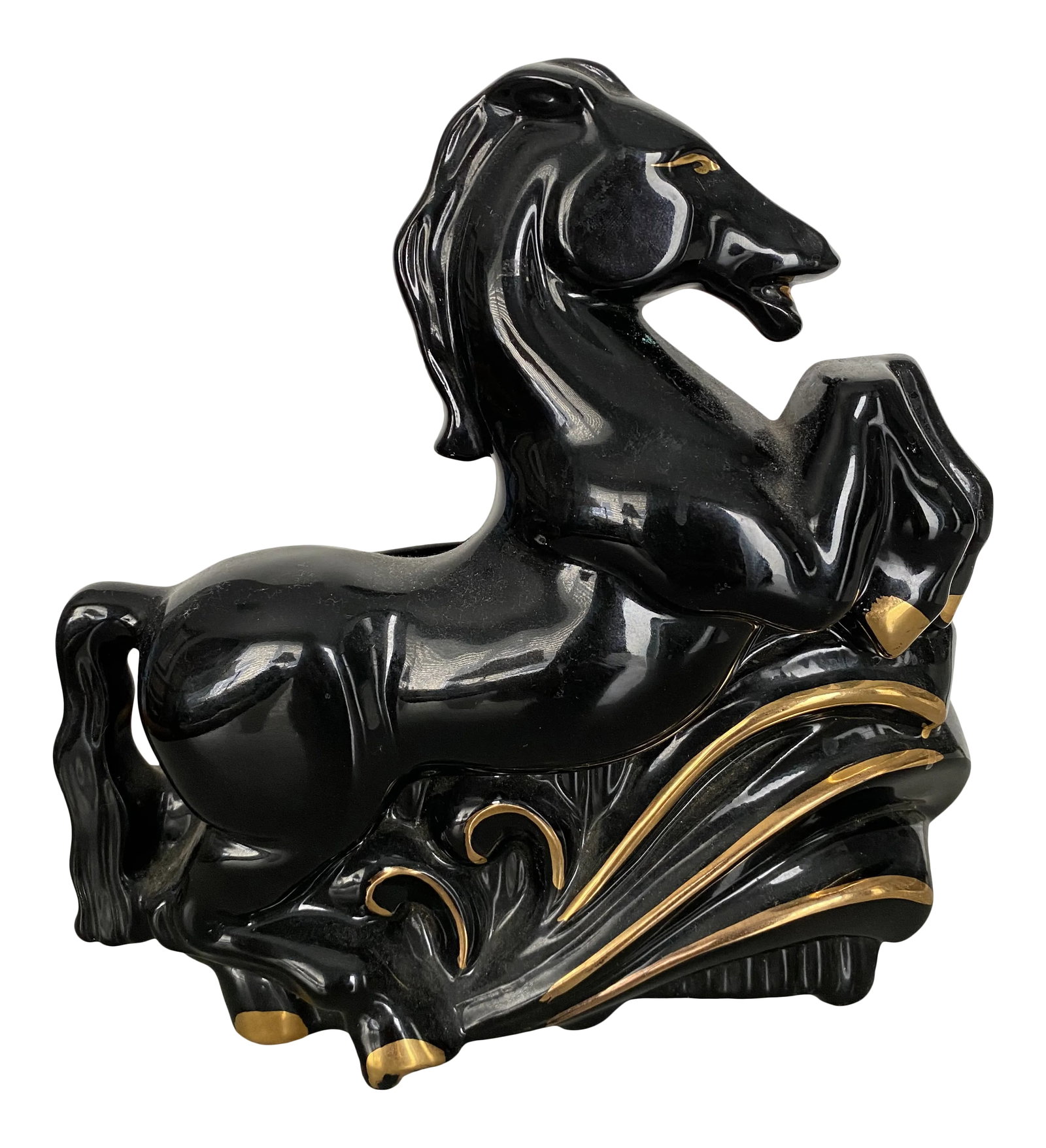 1950s Black and Gold Ceramic Horse Lamp: Wonderful vintage ceramic sculpture of a horse that is an upright in the back all original and definitely a 1950s piece Condition: Alterations: Original Condition Unaltered Imperfections: Some Imperfe