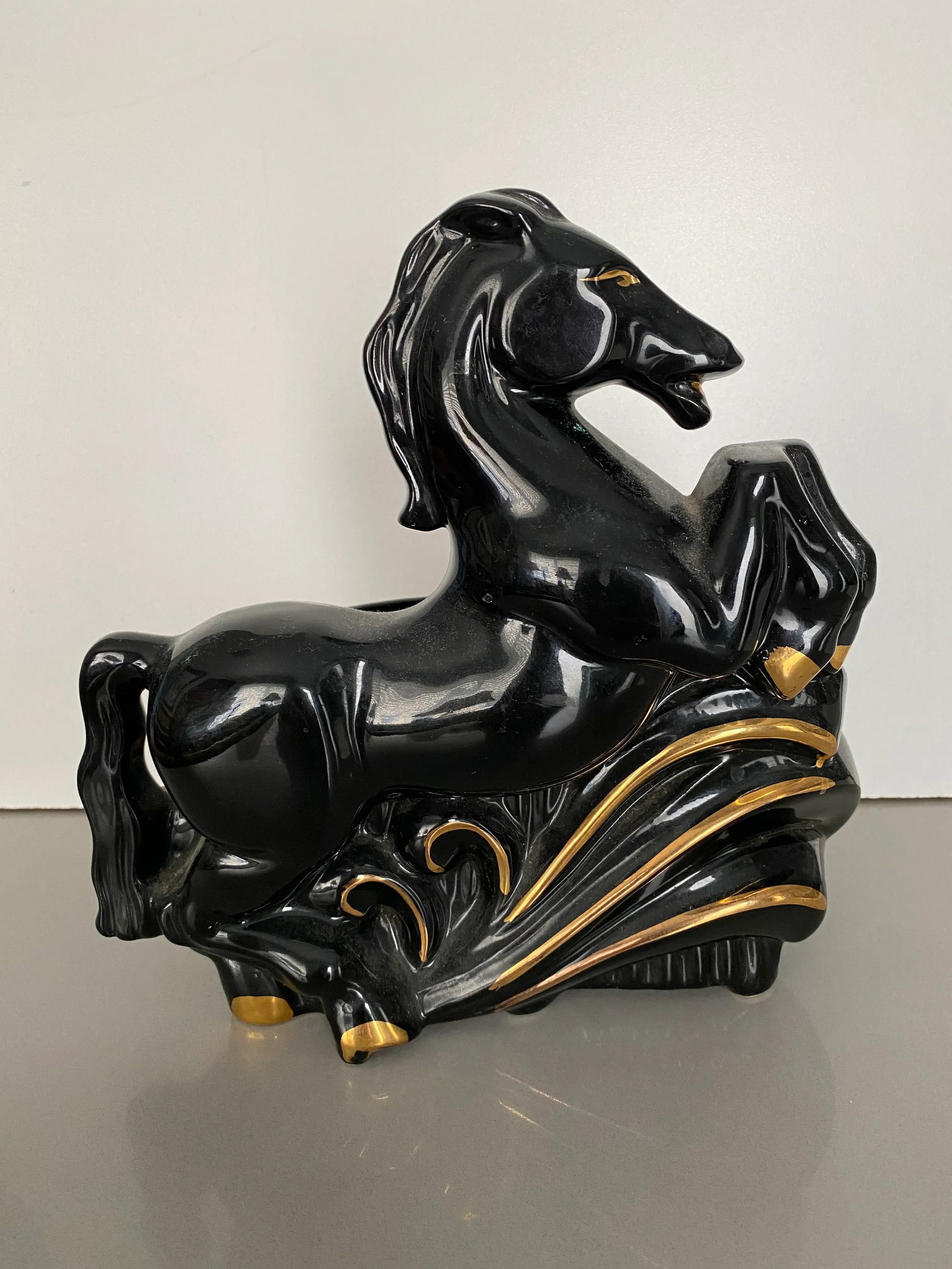 1950s Black and Gold Ceramic Horse Lamp - 2