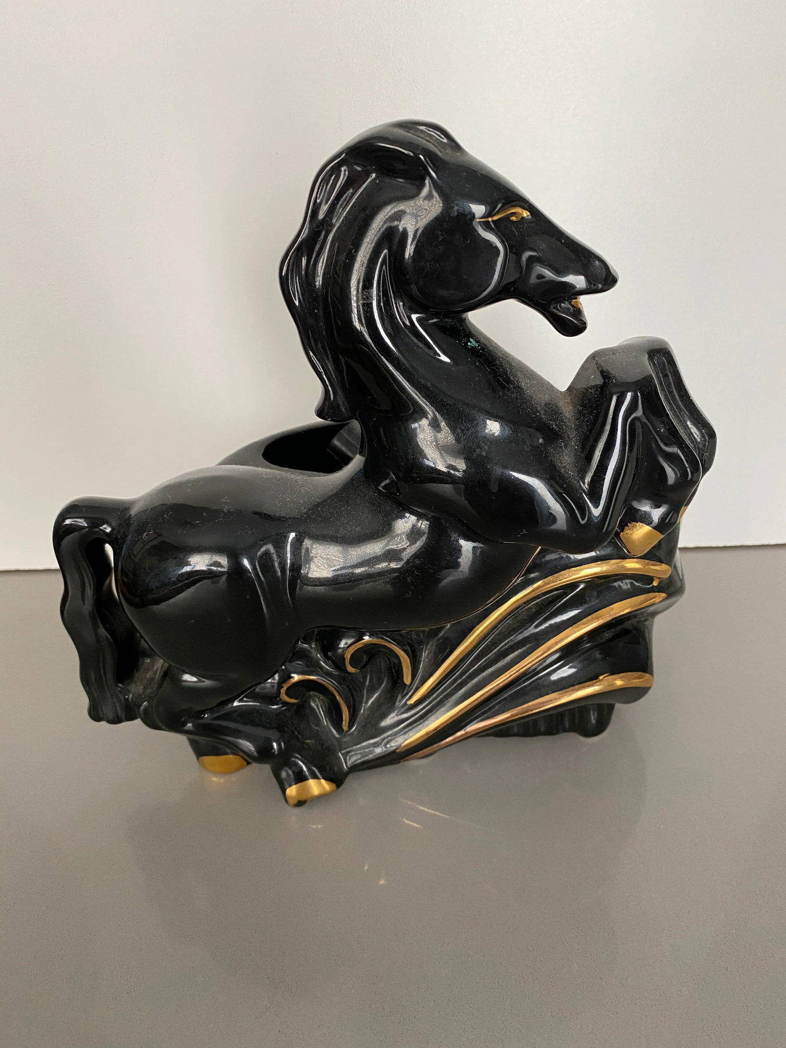 1950s Black and Gold Ceramic Horse Lamp - 3