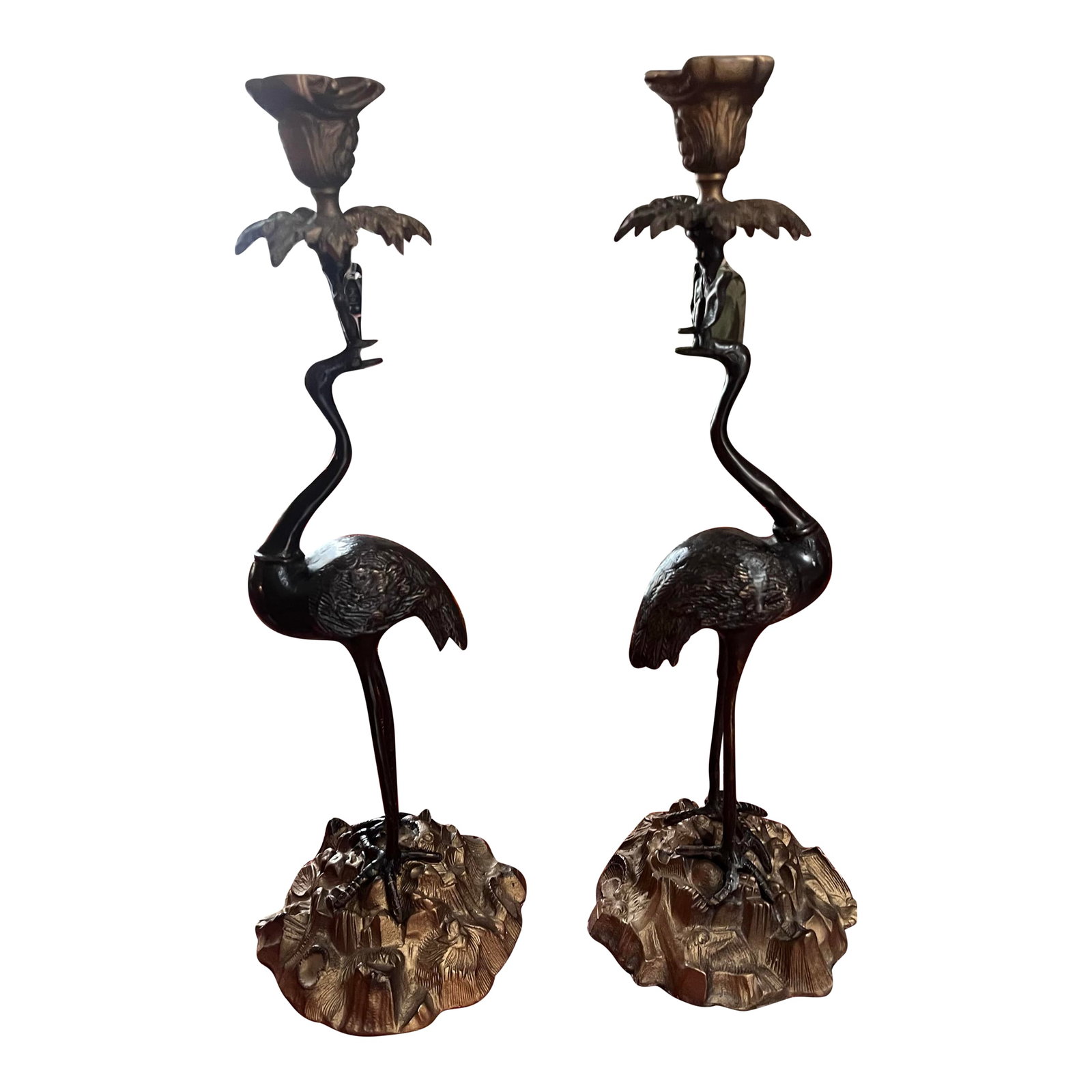 Pair of Reproduction Bronze Crane Candlesticks From the Japanese Meiji Period.: These bronze crane candlesticks date to the Meiji period in Japan (1868-1912), when Japanese artisans created decorative metalwork for both domestic use and export to Western markets. The cranes,