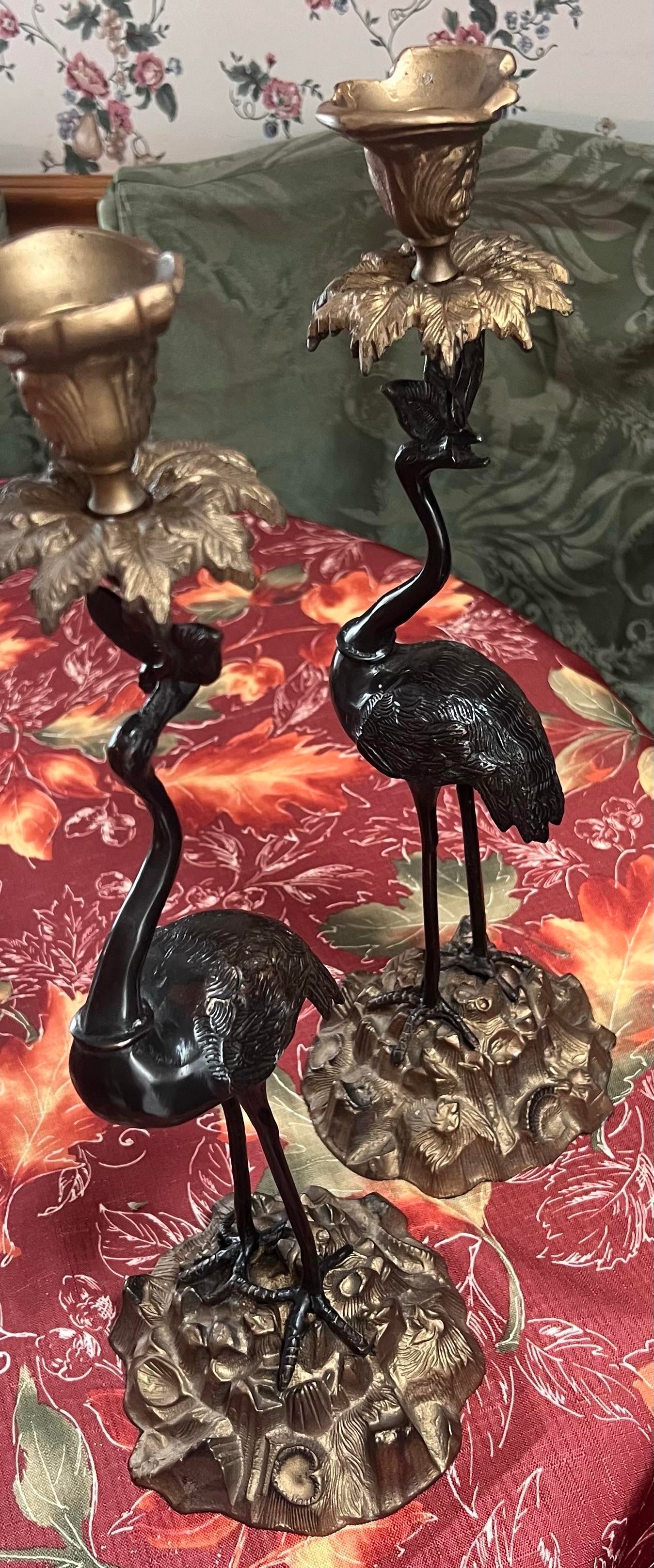 Pair of Reproduction Bronze Crane Candlesticks From the Japanese Meiji Period. - 2
