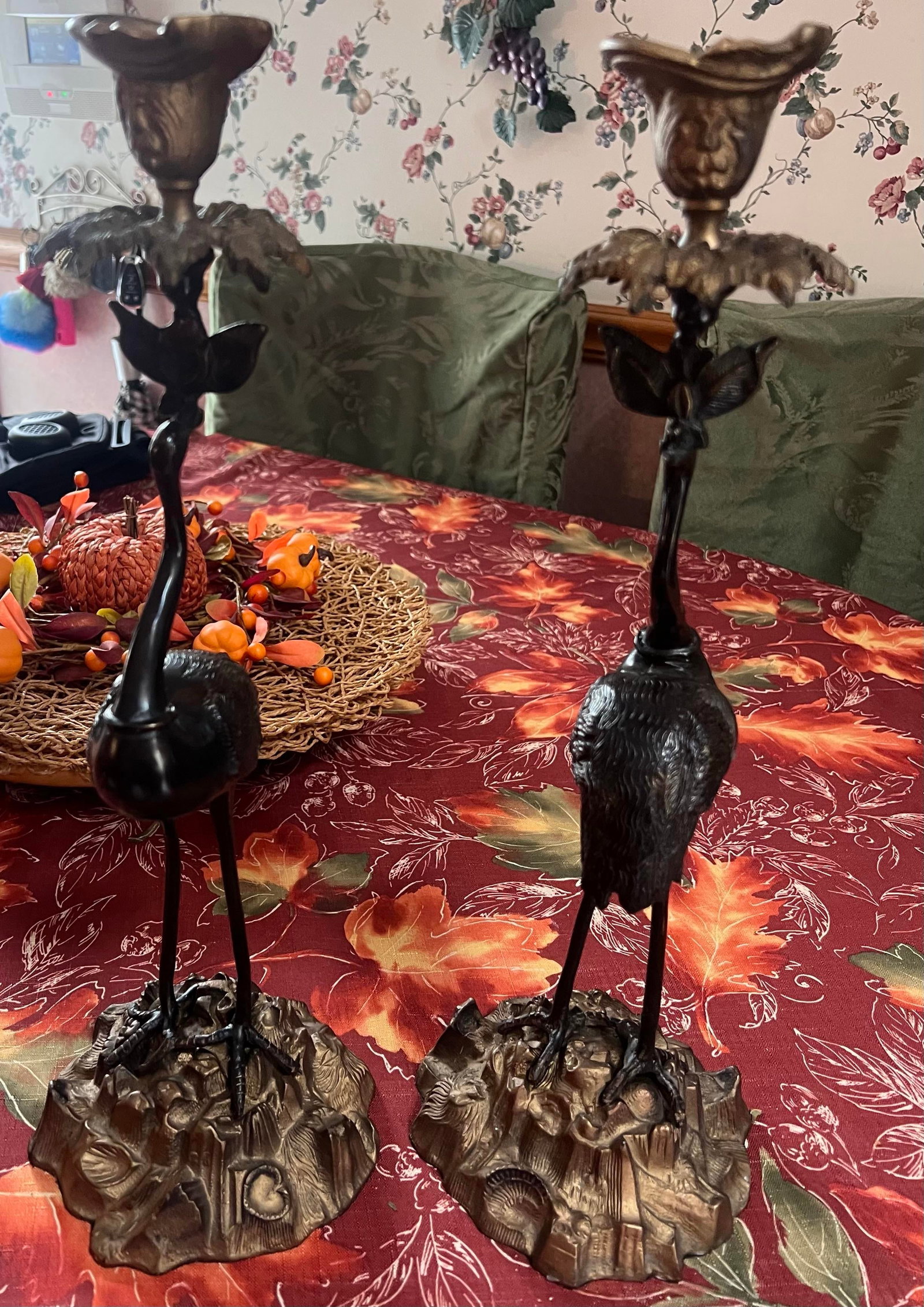 Pair of Reproduction Bronze Crane Candlesticks From the Japanese Meiji Period. - 3