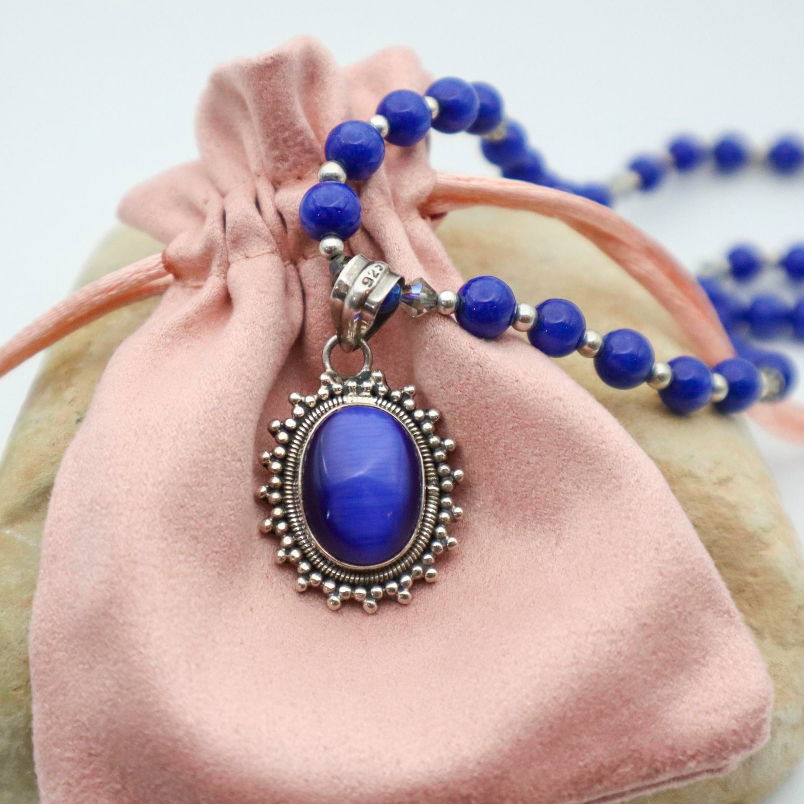 Blue Catsite With Lapis Lazuli Sterling Necklace - 7