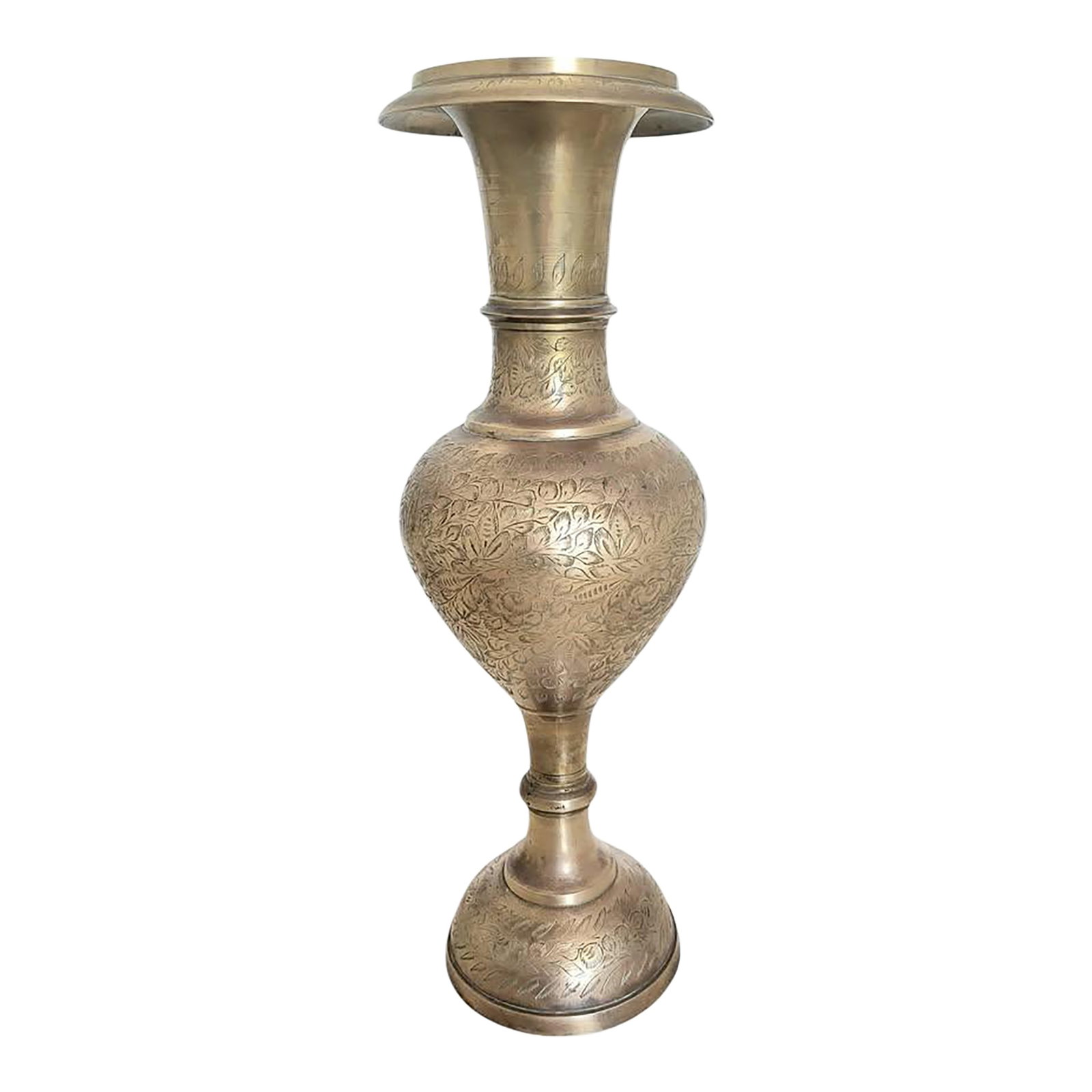 Brass Floor Vase Urn India Etched Vintage Tall 60s: Vintage polished brass floor vase from India. Urn-shaped and beautifully etched with floral designs and having a gorgeous aged patina. Engraved with traditional patterns that may have cultural or