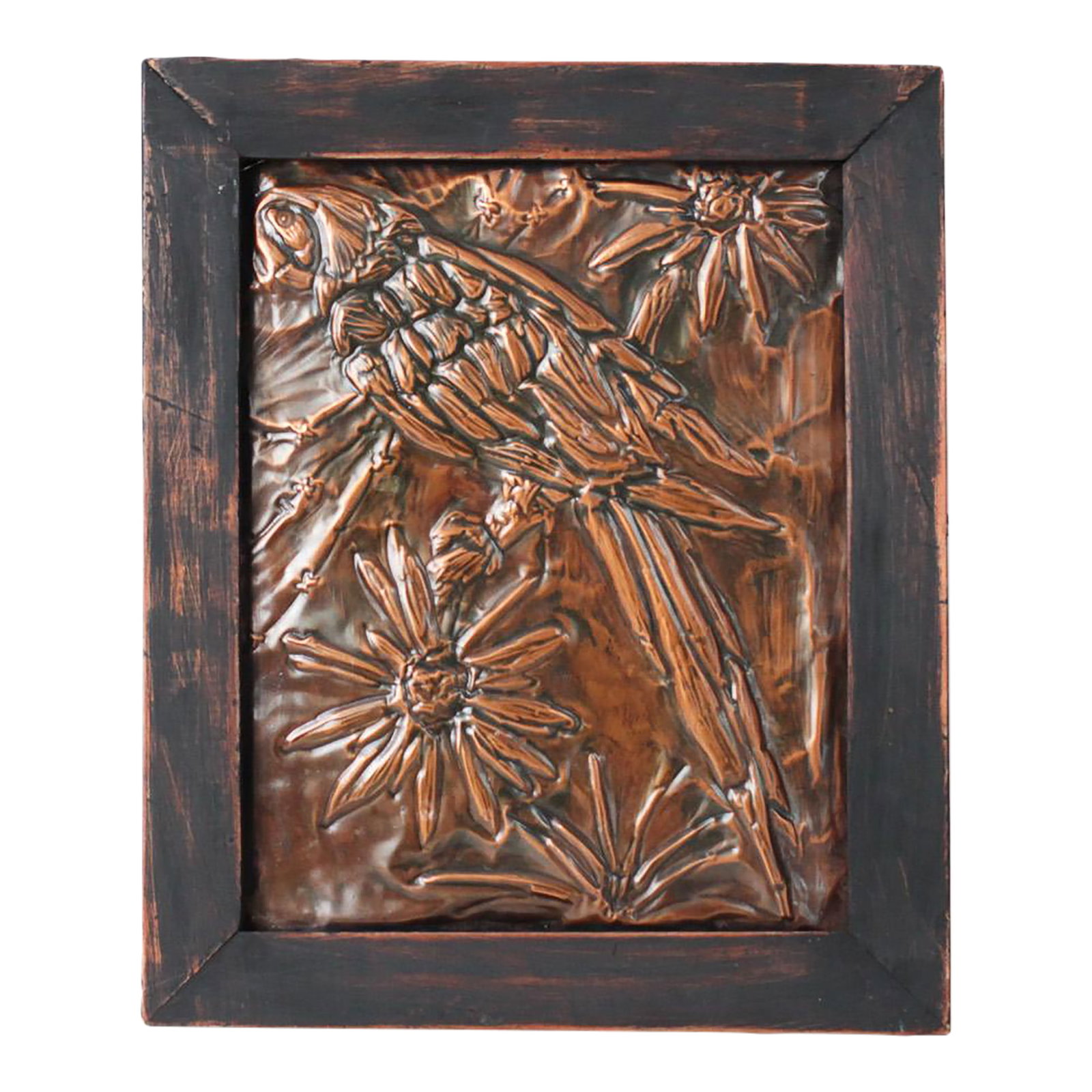 Mid-Century Parrot Copper Repousse Plaque in Rustic Wood Frame: A hand-worked copper repousse wall plaque depicting a parrot among stylized blooms, framed in rustic stained wood. Rich natural patina accentuates the dimensional detailing, giving the composition