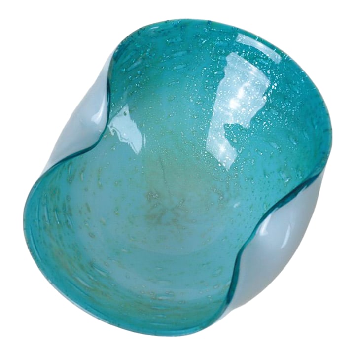 1960s Mid-Century Murano Art Glass Bullicante Bowl: A hand-blown Murano art glass bowl featuring a white cased base with a translucent aqua bullicante rim and sculptural freeform silhouette. Controlled air bubbles shimmer throughout the glass, highligh