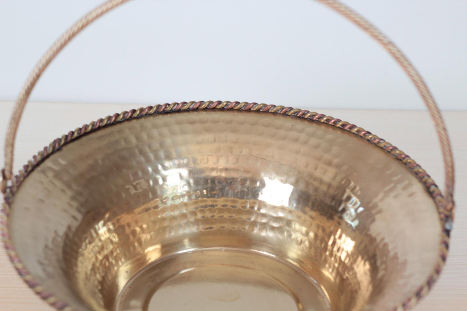 Mid-Century Hammered Brass Basket Bowl With Swing Handle - 10