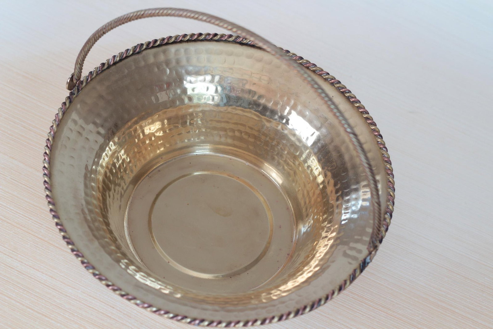 Mid-Century Hammered Brass Basket Bowl With Swing Handle - 11