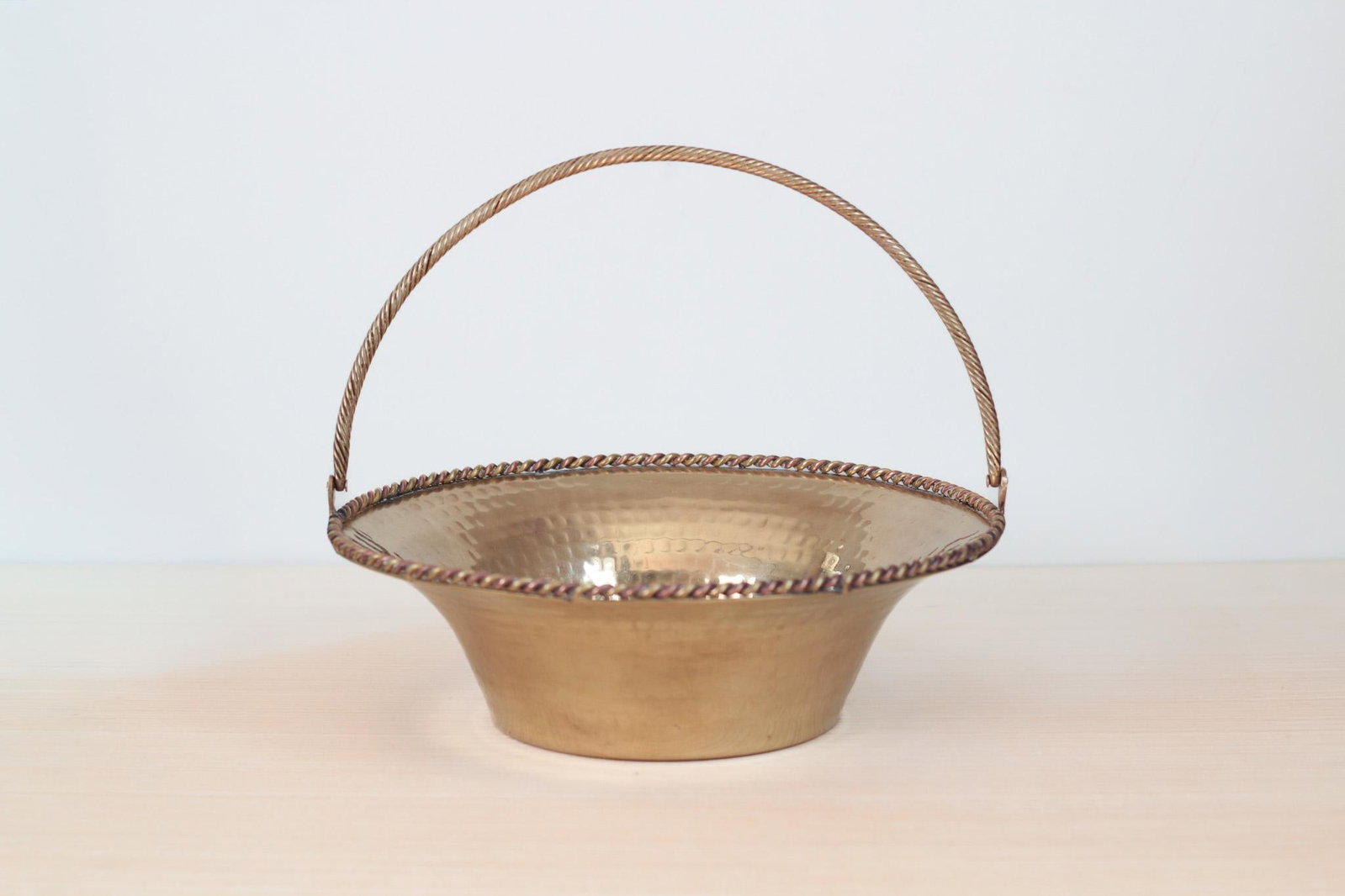 Mid-Century Hammered Brass Basket Bowl With Swing Handle - 2