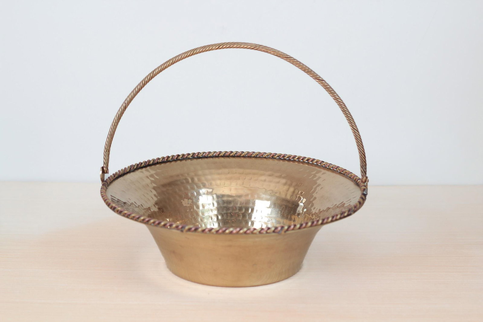 Mid-Century Hammered Brass Basket Bowl With Swing Handle - 5
