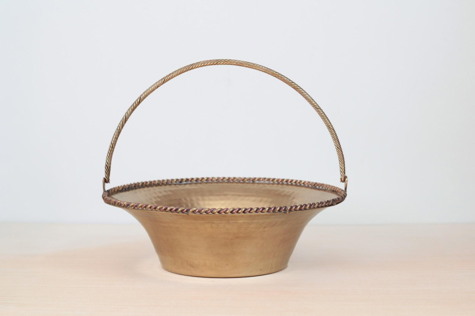 Mid-Century Hammered Brass Basket Bowl With Swing Handle - 6