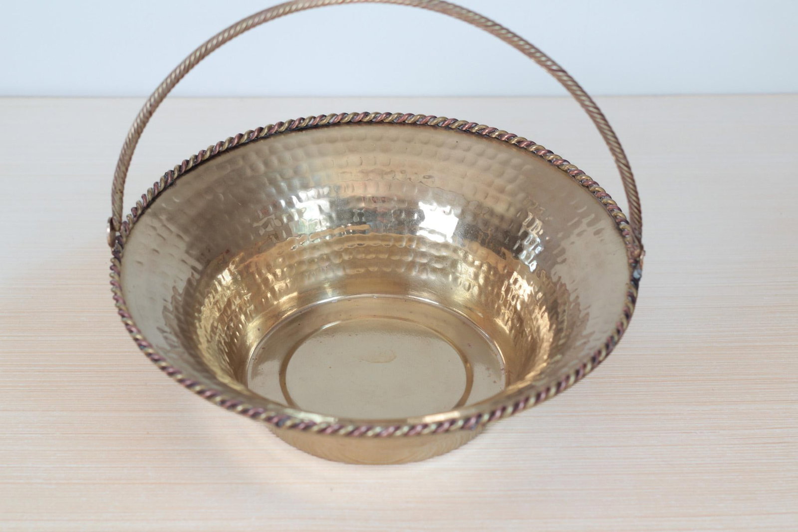 Mid-Century Hammered Brass Basket Bowl With Swing Handle - 7