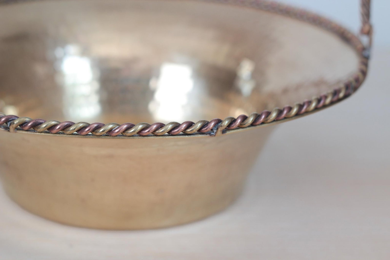Mid-Century Hammered Brass Basket Bowl With Swing Handle - 8