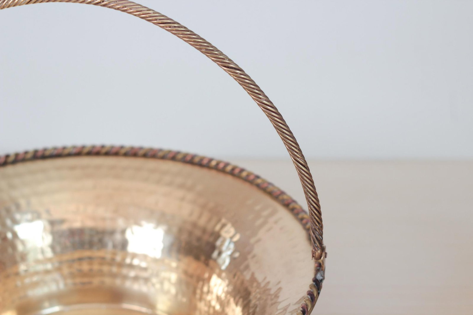 Mid-Century Hammered Brass Basket Bowl With Swing Handle - 9