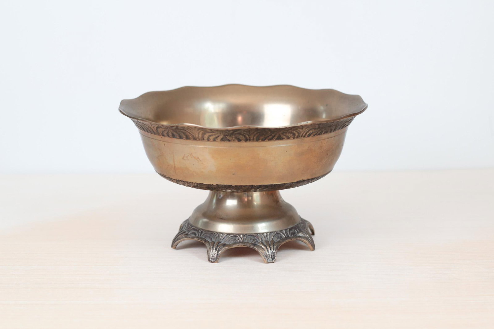 Mid-Century Solid Brass Pedestal Bowl With Scalloped Rim - 10