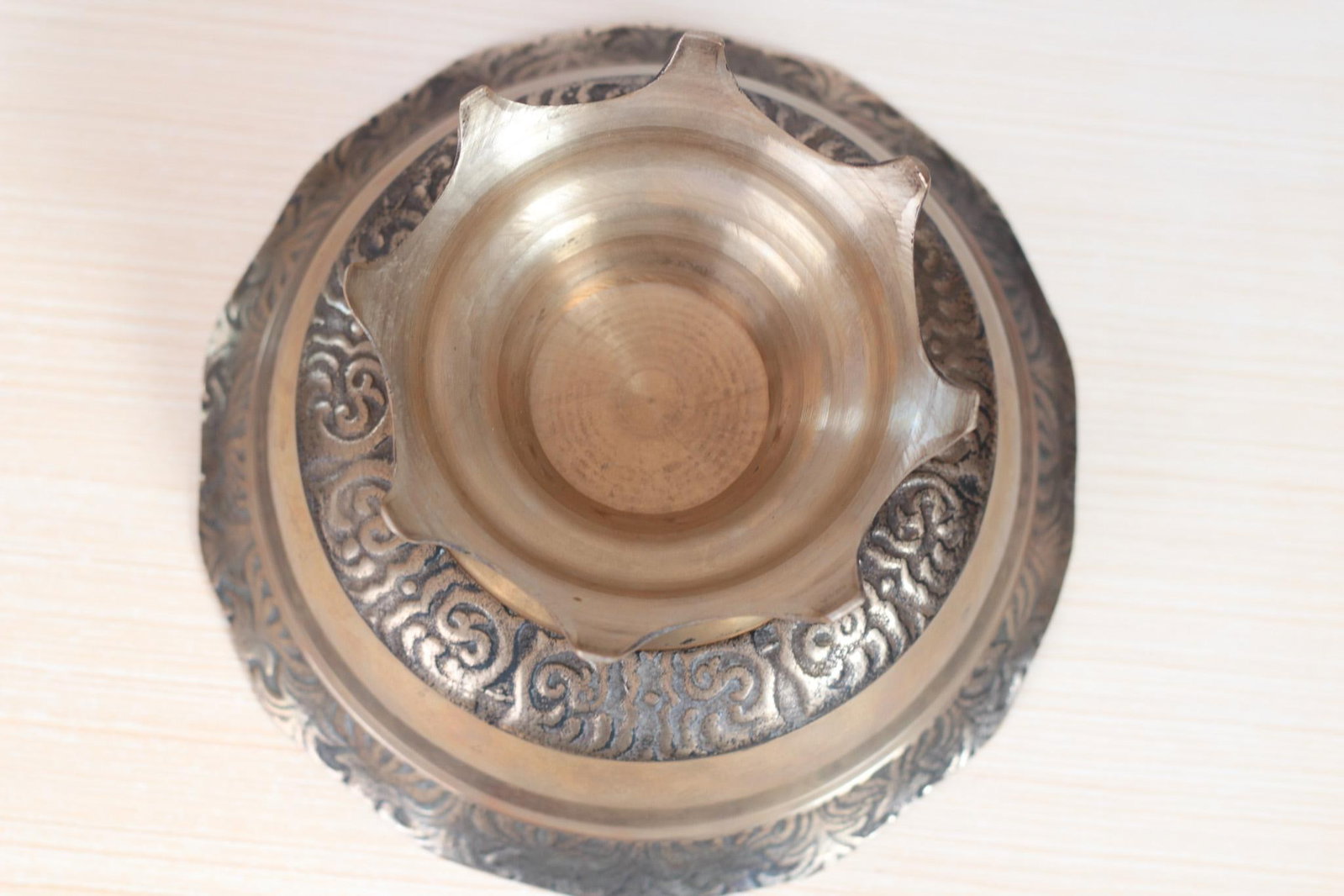 Mid-Century Solid Brass Pedestal Bowl With Scalloped Rim - 12