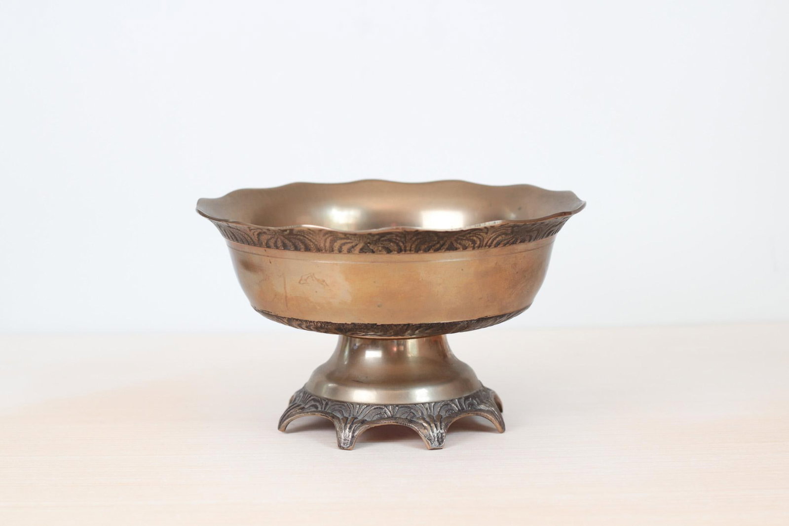 Mid-Century Solid Brass Pedestal Bowl With Scalloped Rim - 13