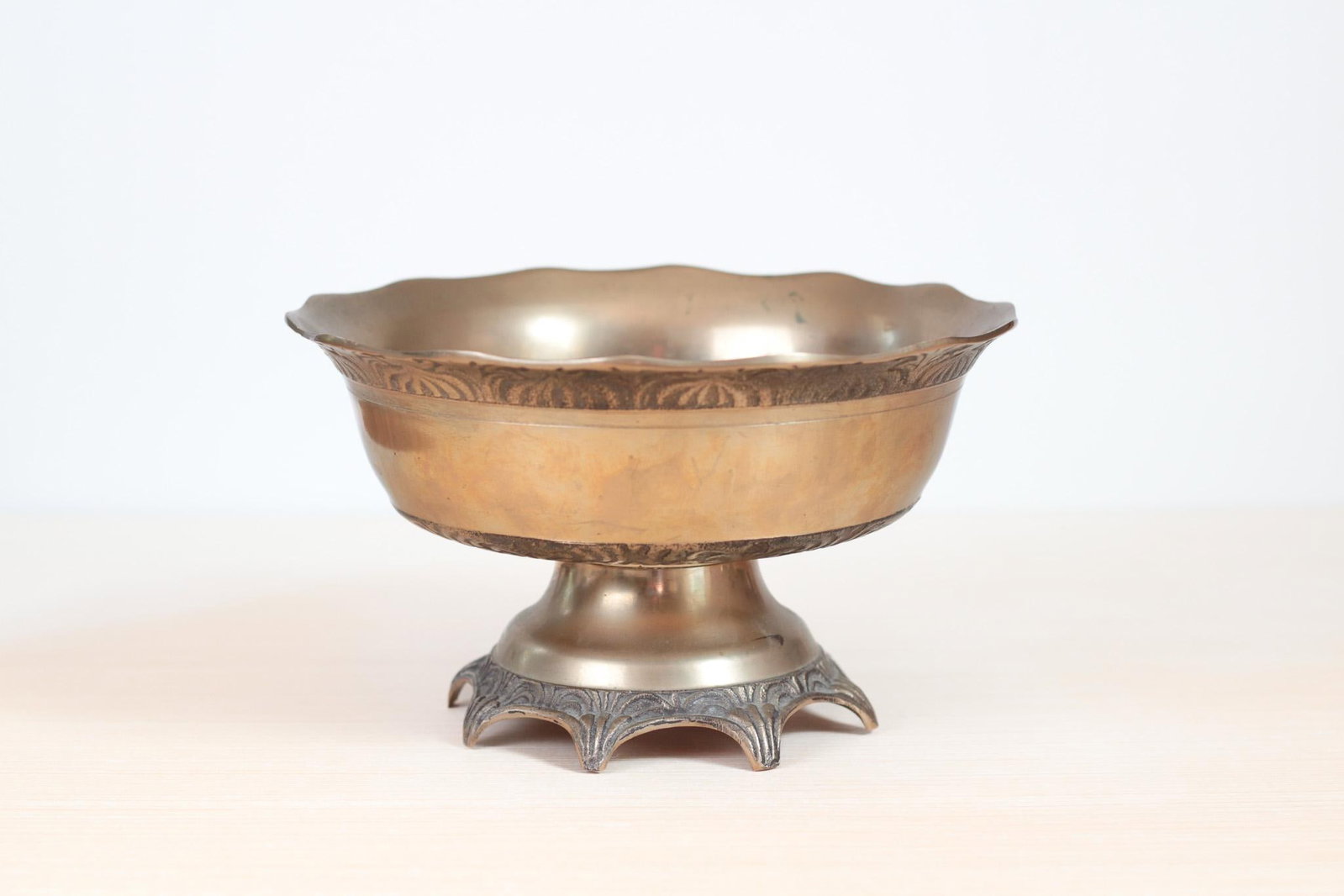 Mid-Century Solid Brass Pedestal Bowl With Scalloped Rim - 14
