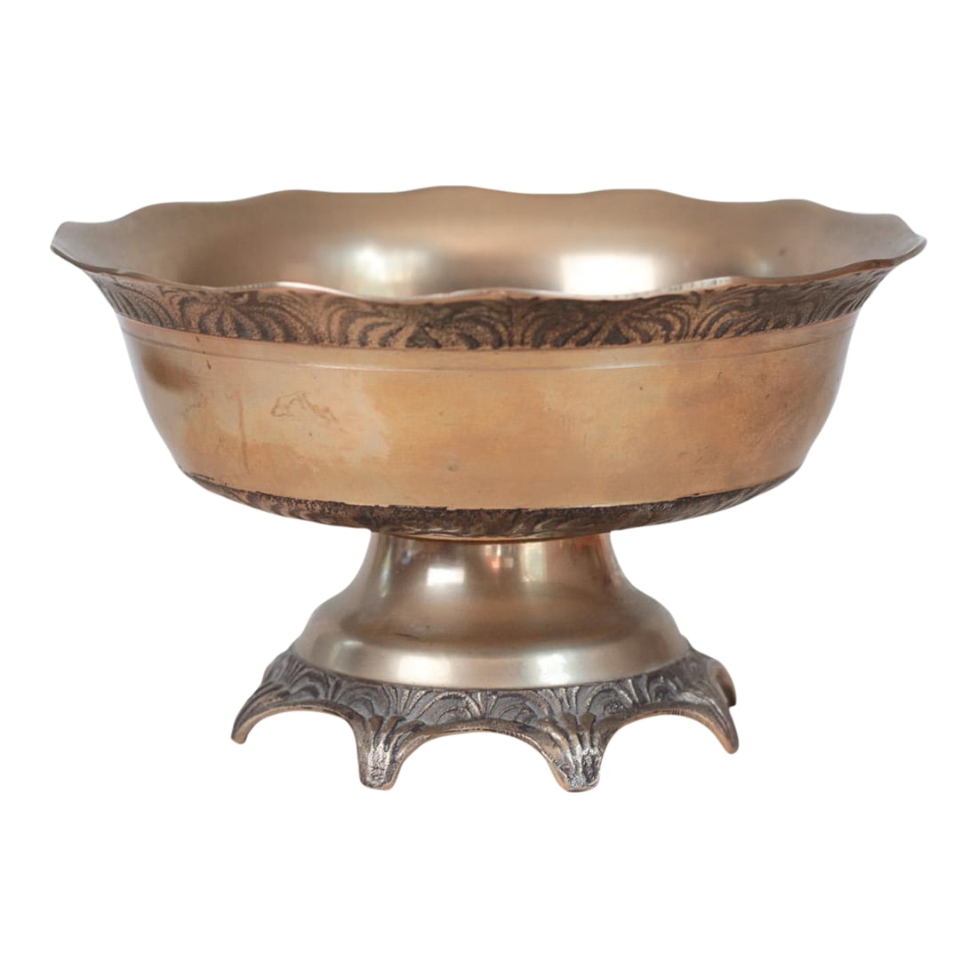 Mid-Century Solid Brass Pedestal Bowl With Scalloped Rim: This vintage solid brass pedestal bowl features a scalloped rim, ornate etched detailing, and a rich patina. Substantial and timeless, it makes a striking centerpiece, an old-world accent for holiday