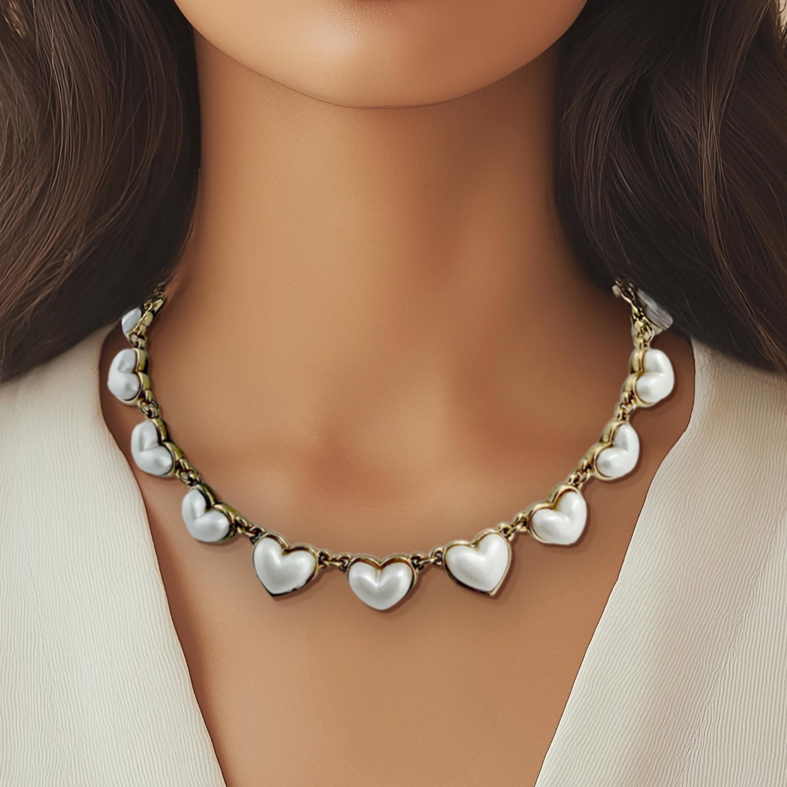 Oscar De La Renta Faux Pearl Romantic Heart Necklace 22k Antique Gold Plating - 8
