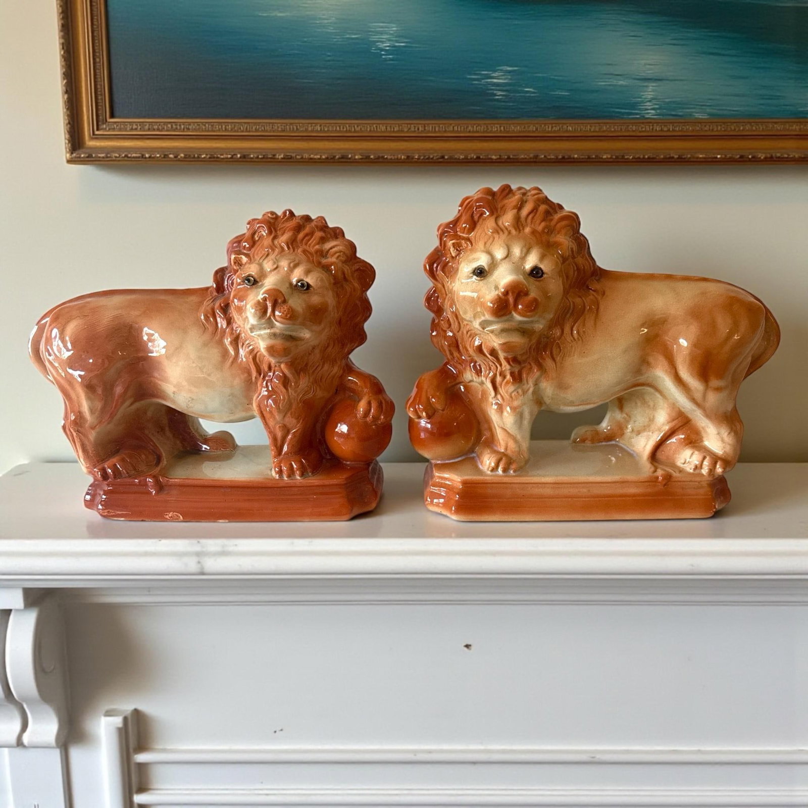 Antique Staffordshire Mantle Lions With Paws on Orbs - 11.5" Tall - A Pair - 2
