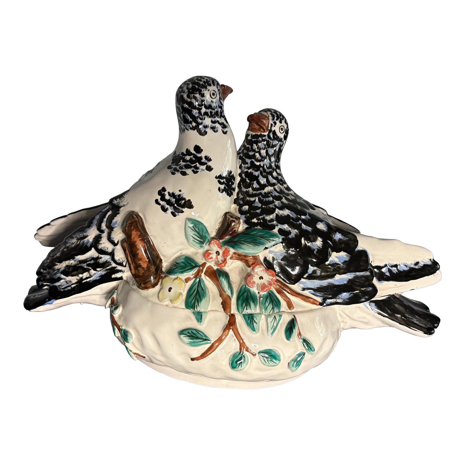 Vintage Italian Ceramic Dove Tureen: Gorgeous ceramic lidded tureen with a pair of black and white doves. They sit on lovely branches with pink and yellow flowers with green leaves. Marked "Made in Italy" on the bottom with additional le