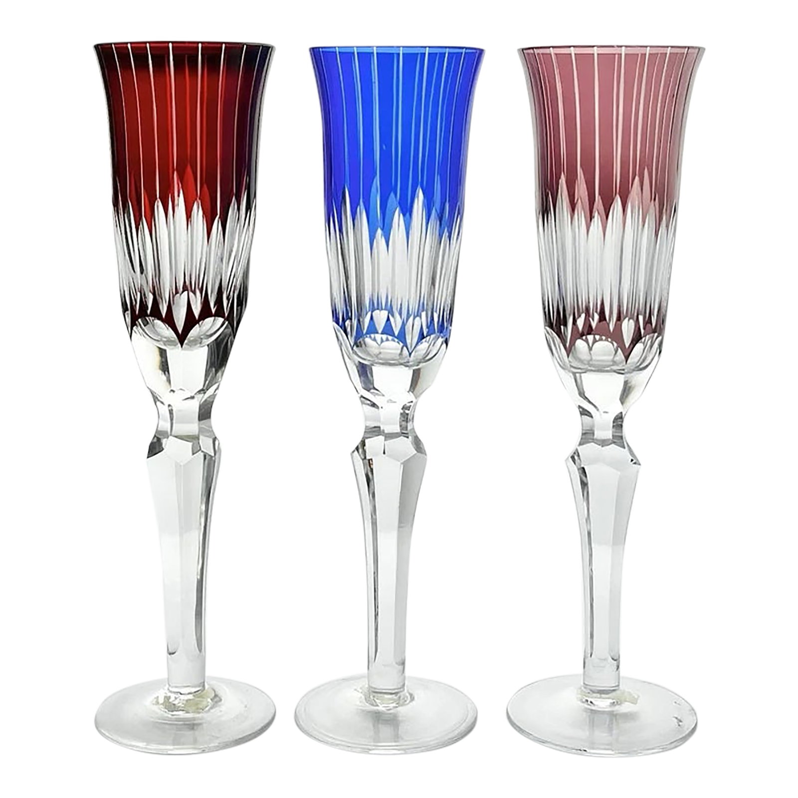 1980s Towle Set of 3 Crystal Cobalt Blue, Ruby & Burgundy Fluted Champagne Glasses: Towle 3 Crystal Cobalt Blue, Ruby & Burgundy Fluted Champagne Glasses 9 1/2" 6oz Excellent condition. No chips, cracks, or fleabites. Height 9 1/2" Length (Opening) 2 1/2" Holds 6oz Circa 1980-90s Con