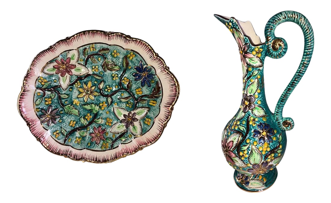 Italian Hand Painted Vintage Floral Majolica Ewer and Platter - Two Piece Set (1 of 8)